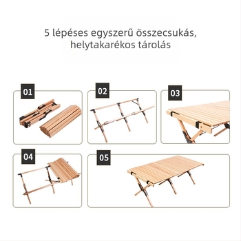 Tömör bükkfa összecsukható kempingasztal, kültéri, hordozható
