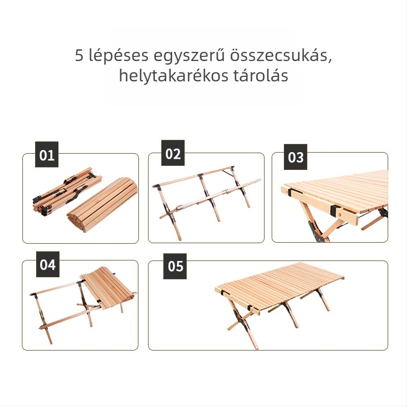 Tömör bükkfa összecsukható kempingasztal, kültéri, hordozható