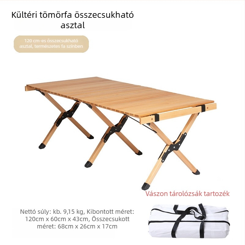 Tömör bükkfa összecsukható kempingasztal, kültéri, hordozható