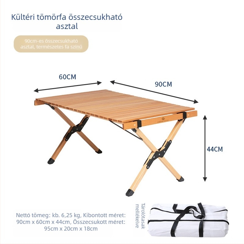 Tömör bükkfa összecsukható kempingasztal, kültéri, hordozható