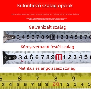 Kék-zöld átlátszó ütésálló mérőszalag; 7,5 m és 10 m rozsdamentes acél mérőszalagok; 5 m acél tekercs.