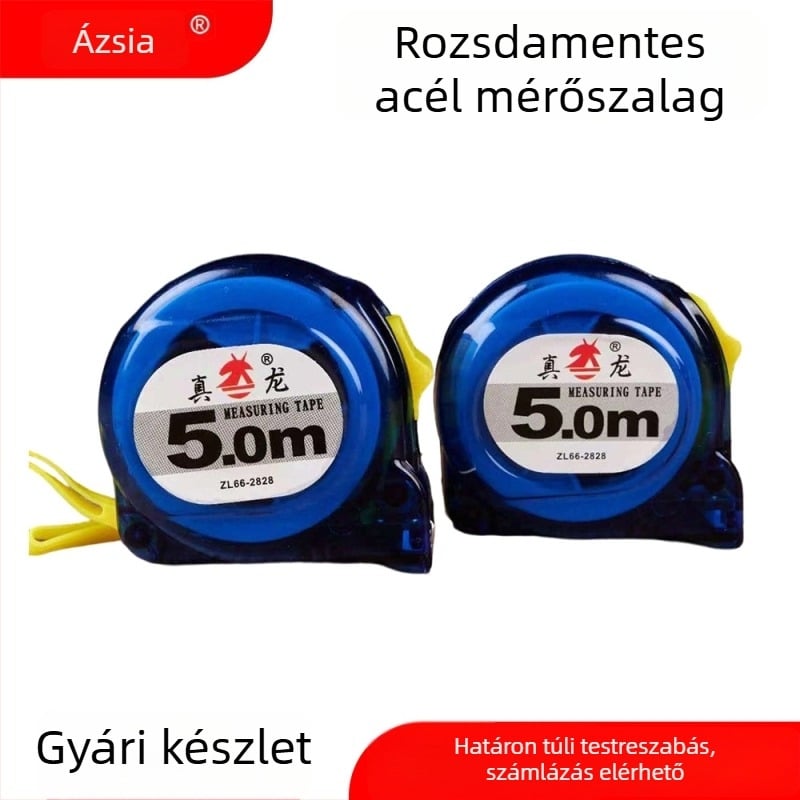 Kék-zöld átlátszó ütésálló mérőszalag; 7,5 m és 10 m rozsdamentes acél mérőszalagok; 5 m acél tekercs.
