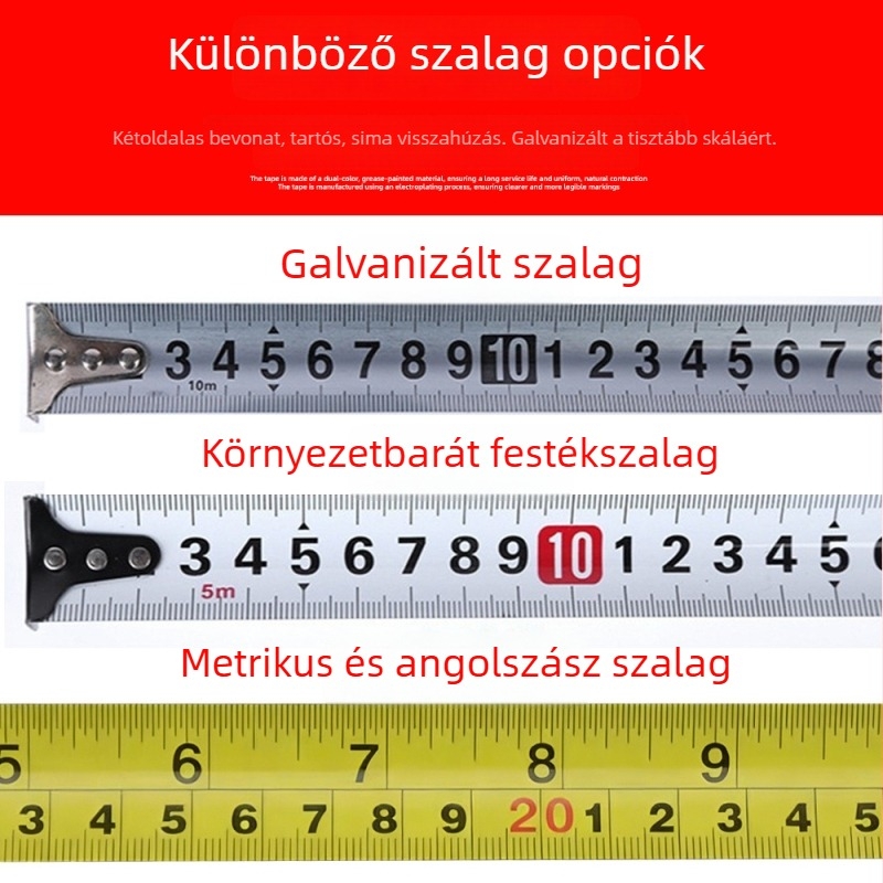 Kék-zöld átlátszó ütésálló mérőszalag; 7,5 m és 10 m rozsdamentes acél mérőszalagok; 5 m acél tekercs.
