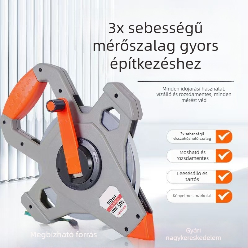 Nylon bevonat acél mérőszalag, 50 m, mérőeszköz építőipari környezethez, rozsdamentes és tartós
