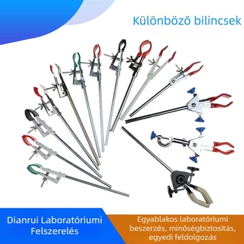 Alumínium laboratóriumi csipeszek készlete: csipesz borhoz, kondenzációs csőhöz, négy- és háromfogú csipesz, keresztcsipesz, dupla felső csavaros csipesz, derékszögű csipesz és próbatubus csipesz.