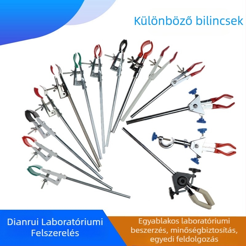 Alumínium laboratóriumi csipeszek készlete: csipesz borhoz, kondenzációs csőhöz, négy- és háromfogú csipesz, keresztcsipesz, dupla felső csavaros csipesz, derékszögű csipesz és próbatubus csipesz.
