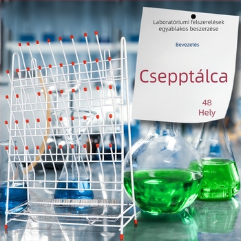 Laboratóriumi üvegkészlet: mérőedény, kolba, volumetrikus kolba, reagensflakon, csepp- és lefolyó- állvány; vas keret porított bevonattal; kapacitás 32/48/55 ml