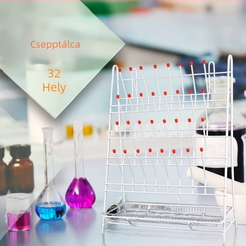 Laboratóriumi üvegkészlet: mérőedény, kolba, volumetrikus kolba, reagensflakon, csepp- és lefolyó- állvány; vas keret porított bevonattal; kapacitás 32/48/55 ml