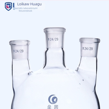 Liegu egyenes háromnyakú üvegből készült reakciós kolba, vastagfalú, kerek alj, laboratóriumi, 500–1000 ml