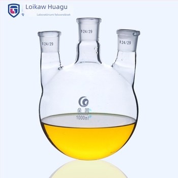 Liegu egyenes háromnyakú üvegből készült reakciós kolba, vastagfalú, kerek alj, laboratóriumi, 500–1000 ml
