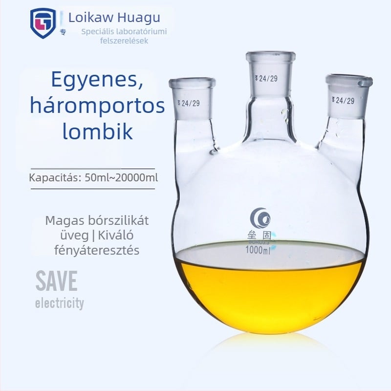 Liegu egyenes háromnyakú üvegből készült reakciós kolba, vastagfalú, kerek alj, laboratóriumi, 500–1000 ml