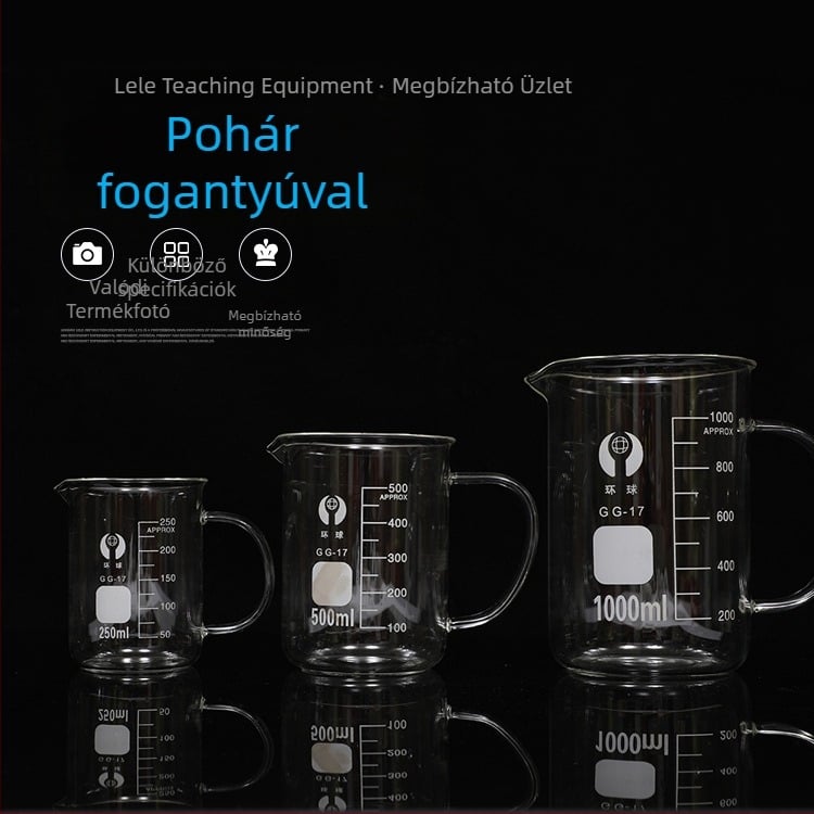 Fogantyúval ellátott üvegpohár, 250 ml/500 ml/1000 ml, nagy hőállóságú, laboratóriumi használatra