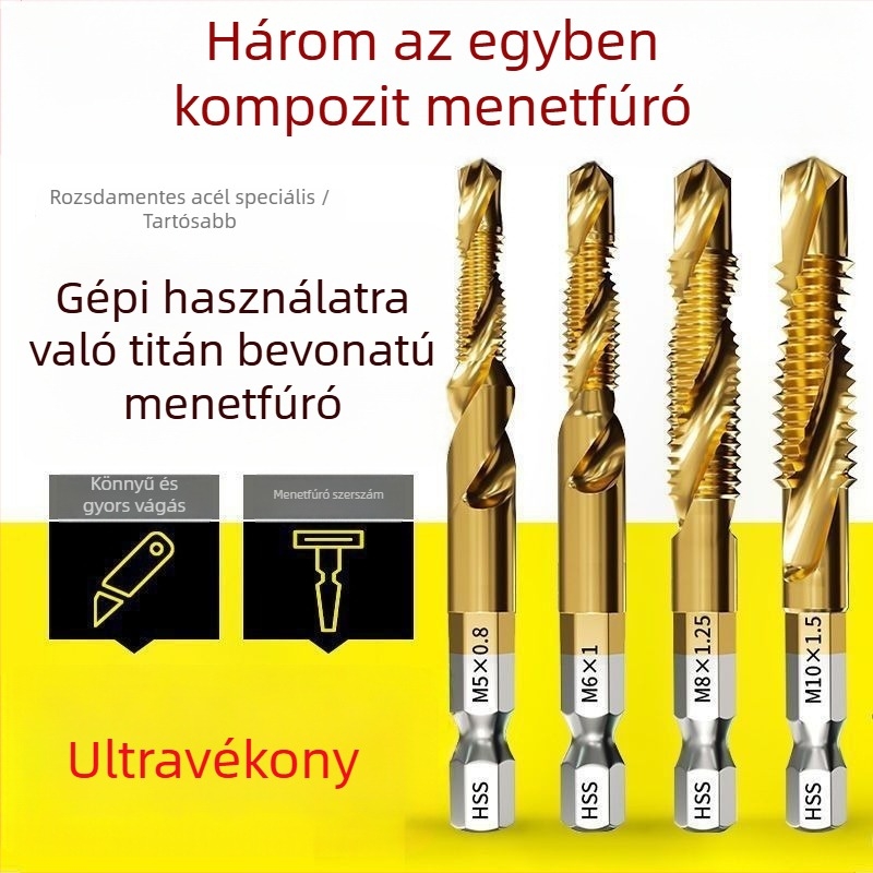 Három az egyben HSS menetfúrókészlet hexagonális tengellyel, fúráshoz és menetek készítéséhez
