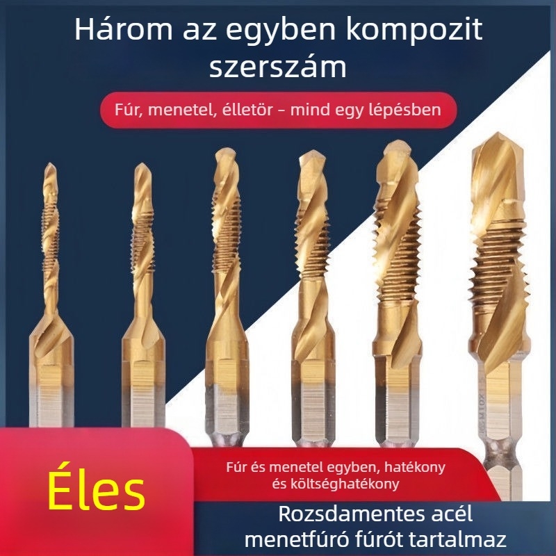 Három az egyben HSS menetfúrókészlet hexagonális tengellyel, fúráshoz és menetek készítéséhez