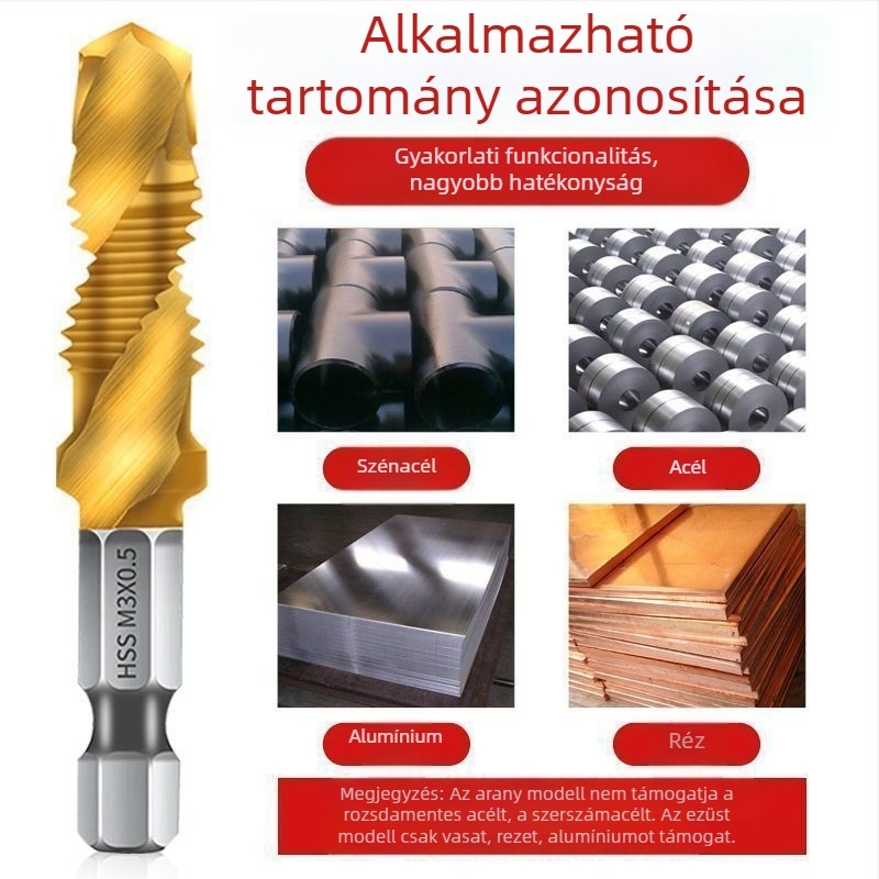 Három az egyben HSS menetfúrókészlet hexagonális tengellyel, fúráshoz és menetek készítéséhez