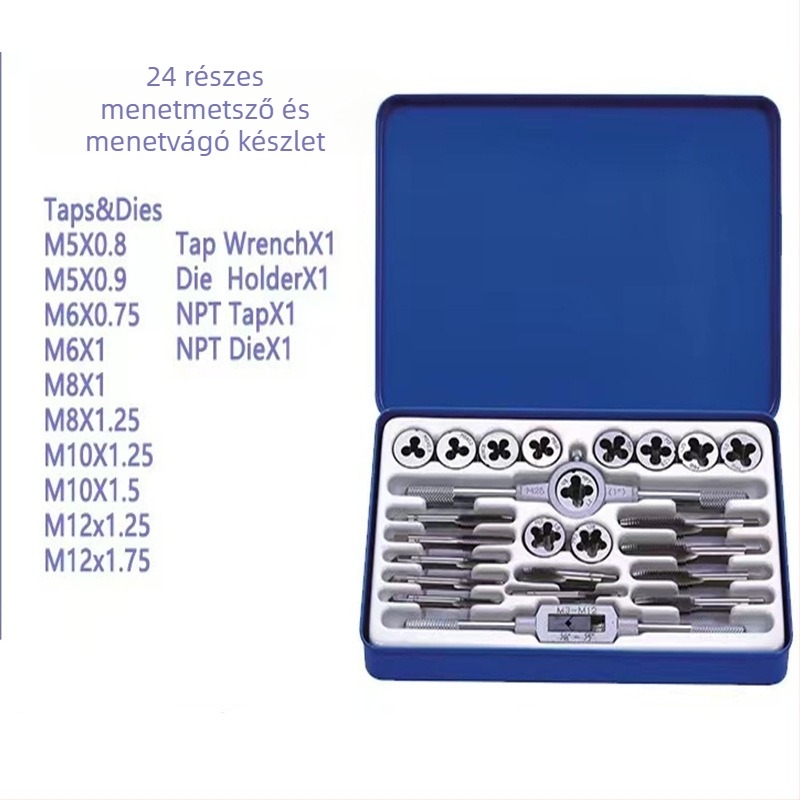 24 darabos méteres menetkészlet kézi menetfúróval és die-tartóval (5–12 mm)