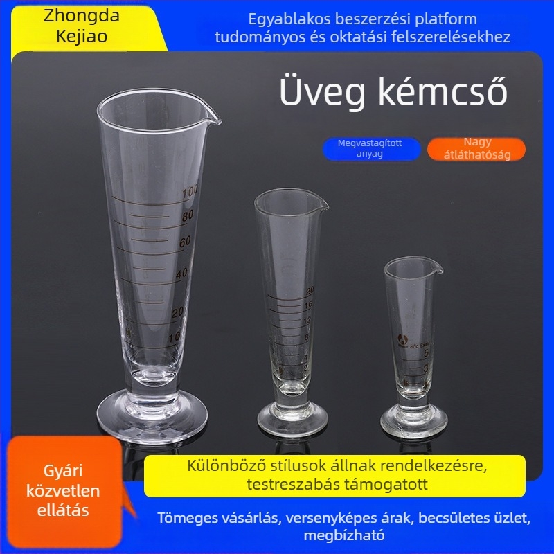 Üveg mérőhenger skálával, kis méretű, háromszög alakú kúpos forma