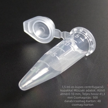 1,5 ml-es fedéllel ellátott kúpos aljú graduált centrifugálócső (EP-cső), 500 db/csomag