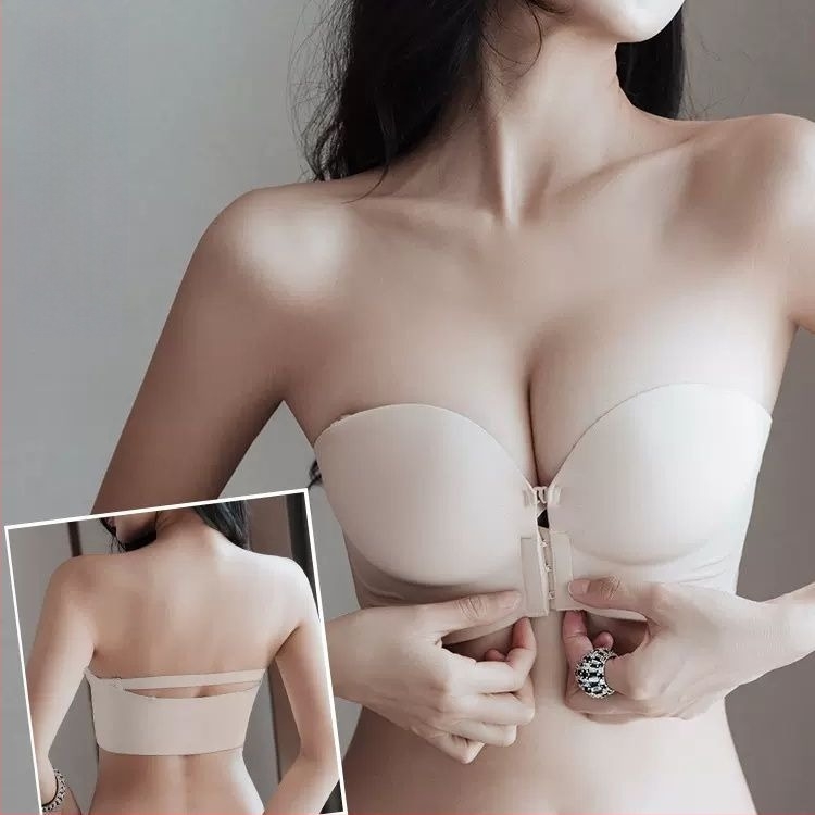 Váll nélküli, elöl záródó push-up melltartó, csúszásmentes, varrat nélküli, kis mellekre