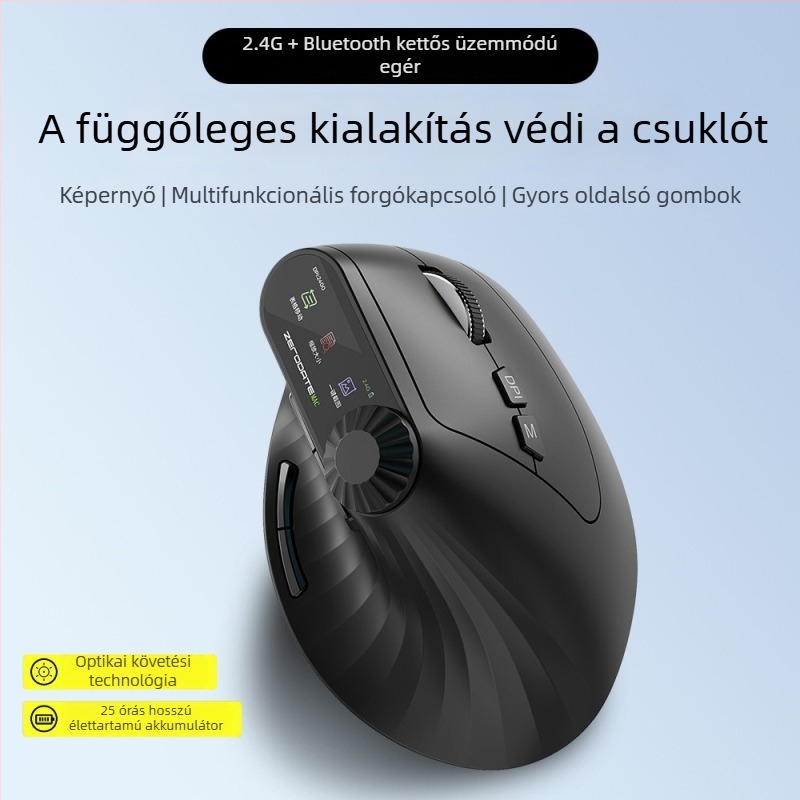 Vezeték nélküli Bluetooth ergonómikus függőleges egér közepes–nagy kézmérethez, sokfunkciós, újratölthető, két üzemmódú 2,4 GHz irodai használatra