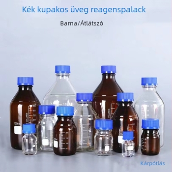 Áttetsző üvegből készült reagensüveg kék kupakkal, kémiai laboratóriumi használatra