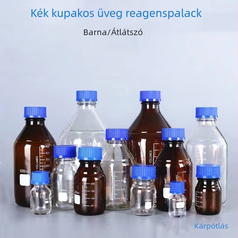 Áttetsző üvegből készült reagensüveg kék kupakkal, kémiai laboratóriumi használatra