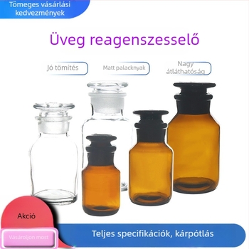 Laboratóriumi reagensekhez használt üveg, matt szájú, széles nyakú, fehér és barna üveg, vastagfalú
