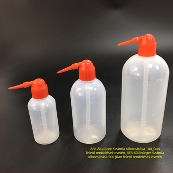 Műanyag mosóflakon fehér vagy piros kupakkal, elérhető 250 ml, 500 ml és 1000 ml méretekben; műanyag palack fehér vagy piros szájszívóval.