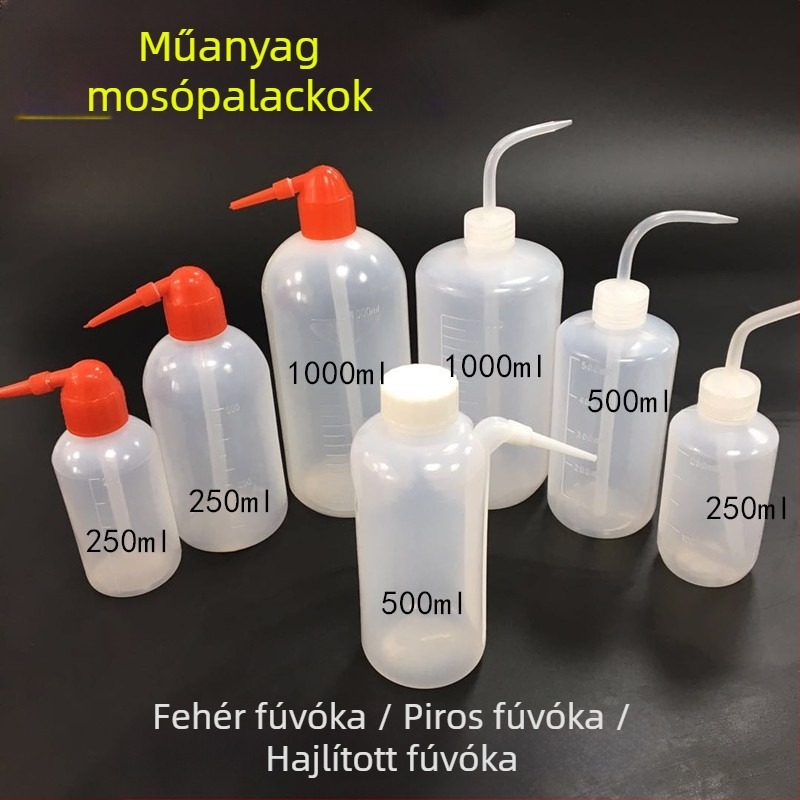Műanyag mosóflakon fehér vagy piros kupakkal, elérhető 250 ml, 500 ml és 1000 ml méretekben; műanyag palack fehér vagy piros szájszívóval.