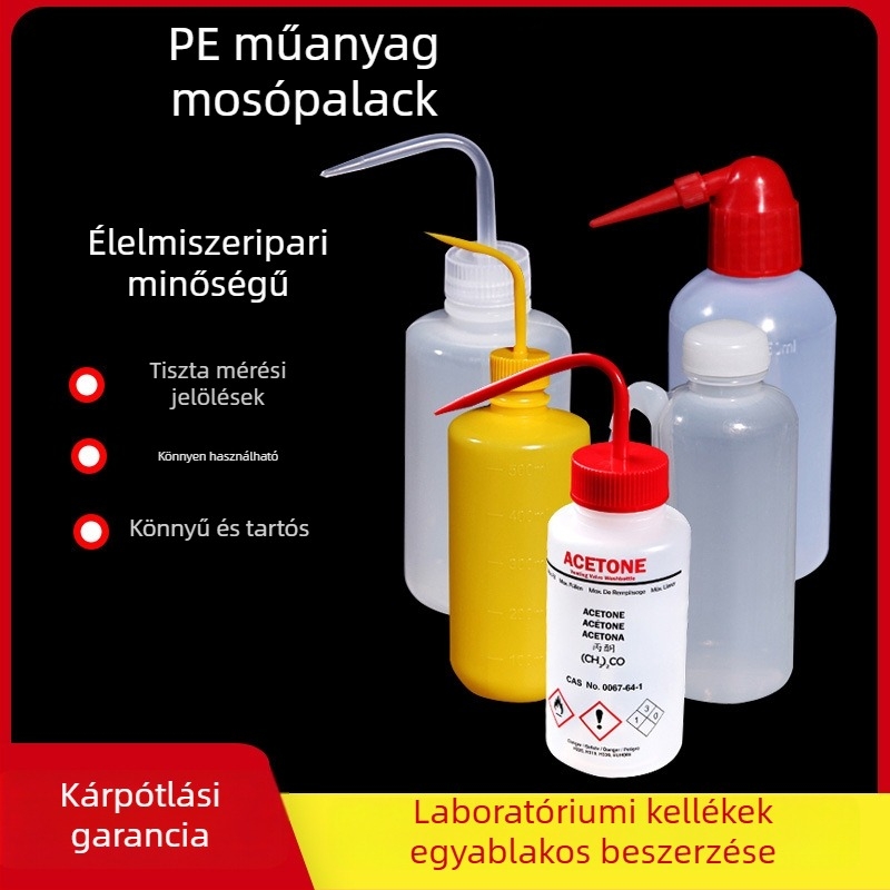 Laboratóriumi műanyag mosópalack, színes, nyomópalack piros fejjel, 250 ml vagy 500 ml