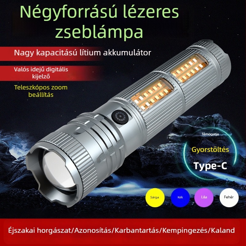 Gale LED kültéri vészhelyzeti járőrzseblámpa, ultrahosszú üzemidő, nagy kapacitás, újratölthető lézeres erős fény