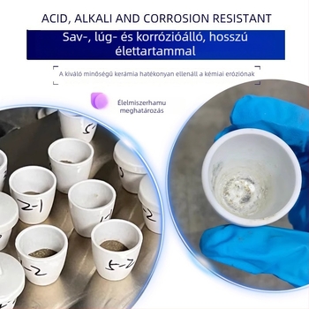 Laboratóriumi kerámia tégely, vastag falú, magas hőmérsékletnek ellenálló, sav- és lúgálló, fedéllel, fehér, ívelt formájú, teljes specifikáció