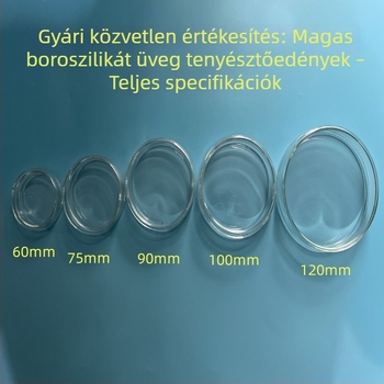 Boroszilikát üveg kultúra tálca fedővel, lapos, magas hőmérséklet-álló, steril, biológiai sejtkísérletekhez, átmérő 90 mm