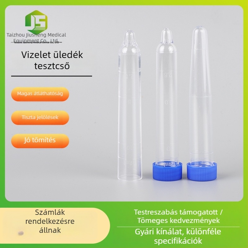 12 ml-es urinszediment-tesztcső csavaros sapkával, műanyagból, konikus aljjal, graduált az ürítéshez