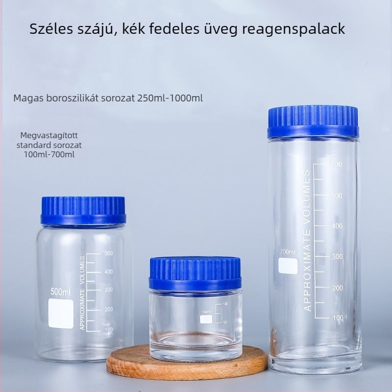 Magas bóroszilikát üvegből készült széles nyakú reagensüveg, kék kupakkal, mintákhoz