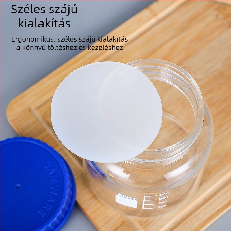 Magas bóroszilikát üvegből készült széles nyakú reagensüveg, kék kupakkal, mintákhoz