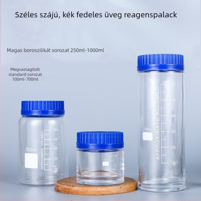 Magas bóroszilikát üvegből készült széles nyakú reagensüveg, kék kupakkal, mintákhoz
