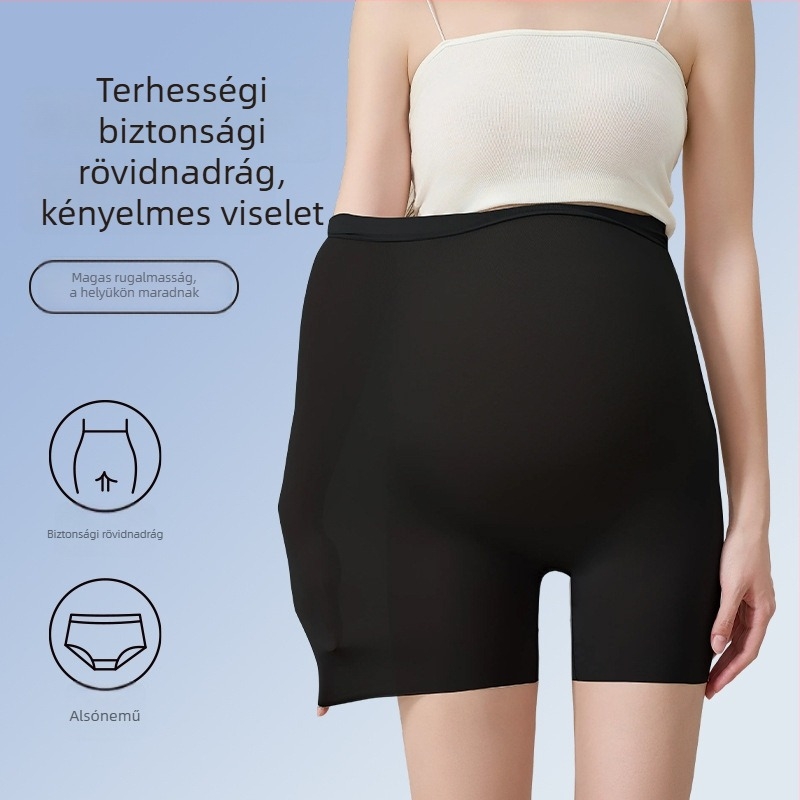 Kismama biztonsági rövidnadrág láthatatlan panellel, ice silk anyag, 3/4 hossz, szoros illeszkedés, nylon-spandex keverék