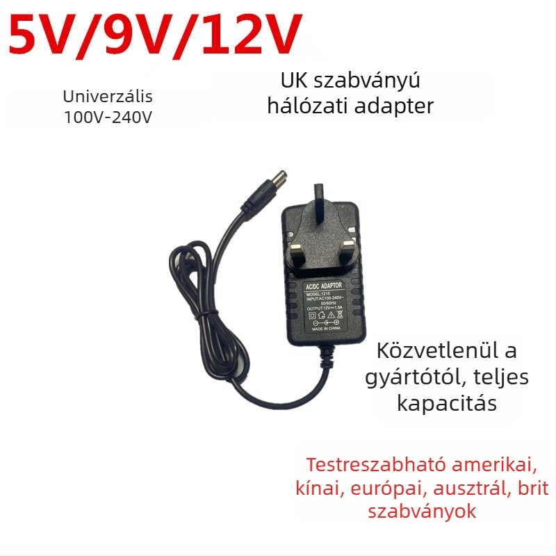 Brit standard tápegység adapterrel, háromtűs csatlakozóval, kimenetek: 3V, 5V, 6V, 9V, 12V, 24V, 1–3A