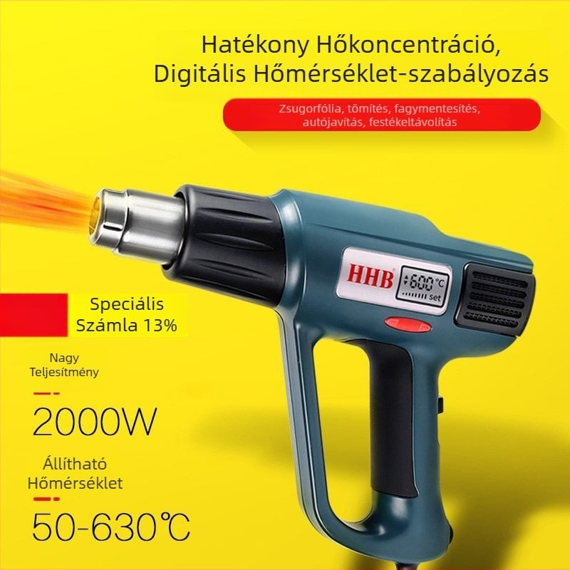 HHB-630 Digitális kijelzős forrólevegős pisztoly, 2000W, állítható hőmérséklet, ipari minőség, film laminálásához és hőszűkítő fóliához