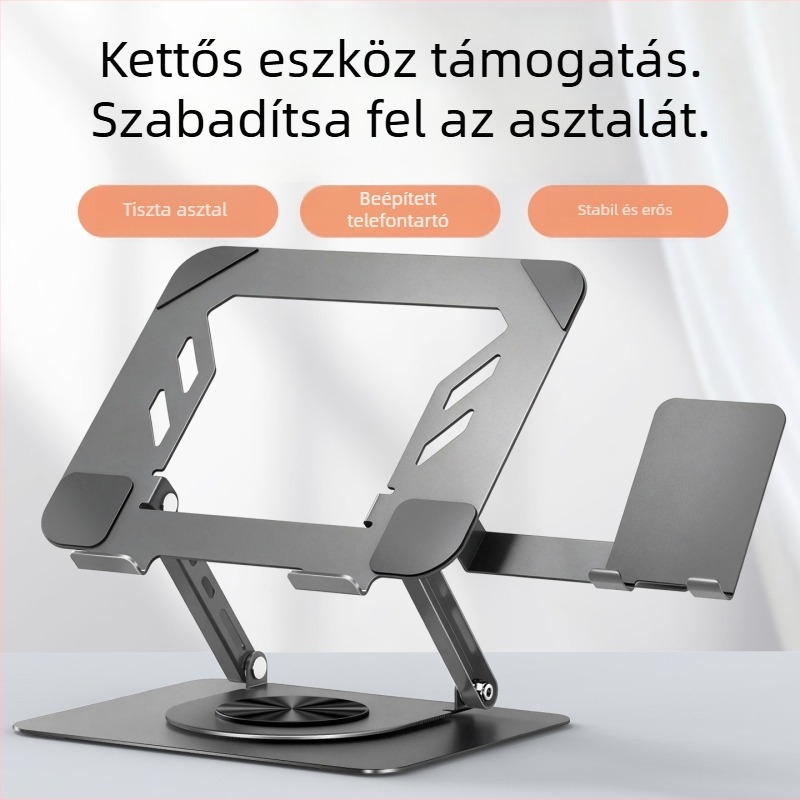Ötvözetből készült laptopállvány 360°-os forgással, állítható magasság és összecsukható, íróasztali hűtés