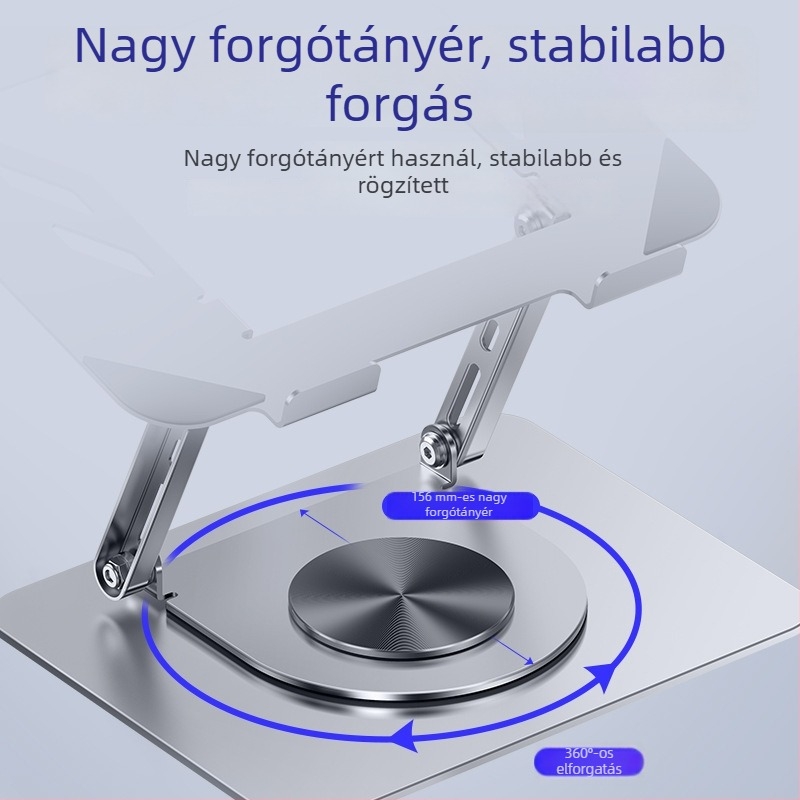 Ötvözetből készült laptopállvány 360°-os forgással, állítható magasság és összecsukható, íróasztali hűtés