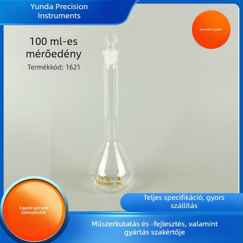 100 ml-es üveg volumetrikus kolba laboratóriumi használatra