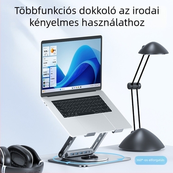 360°-os forgatható laptopállvány dokkolóval, összecsukható, állítható magasság, felfüggesztett hűtés