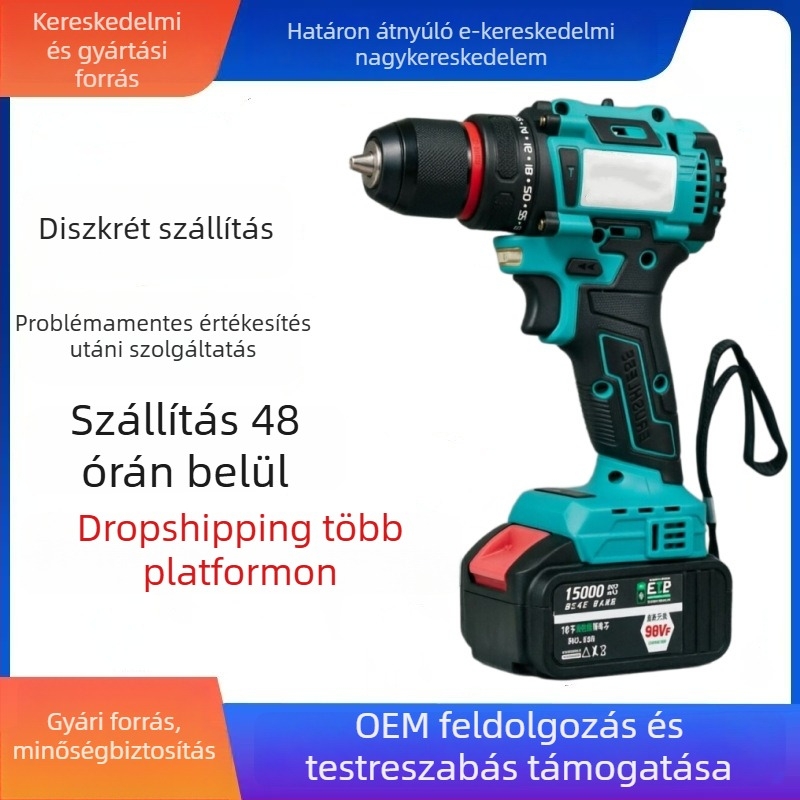 21V szénkefe nélküli fúró önzáró funkcióval, háztartási modell A3, Li-ion akkumulátor, ütőfúrás és csavarozó eszköz