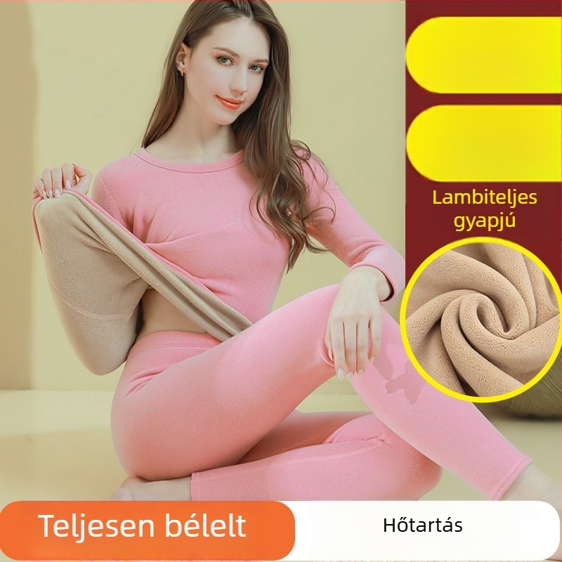 Női Sherpa bolyhos bélésű, önmelegítő termo alsóruha szett téli, ultranagy vastagságú, kerek nyakú