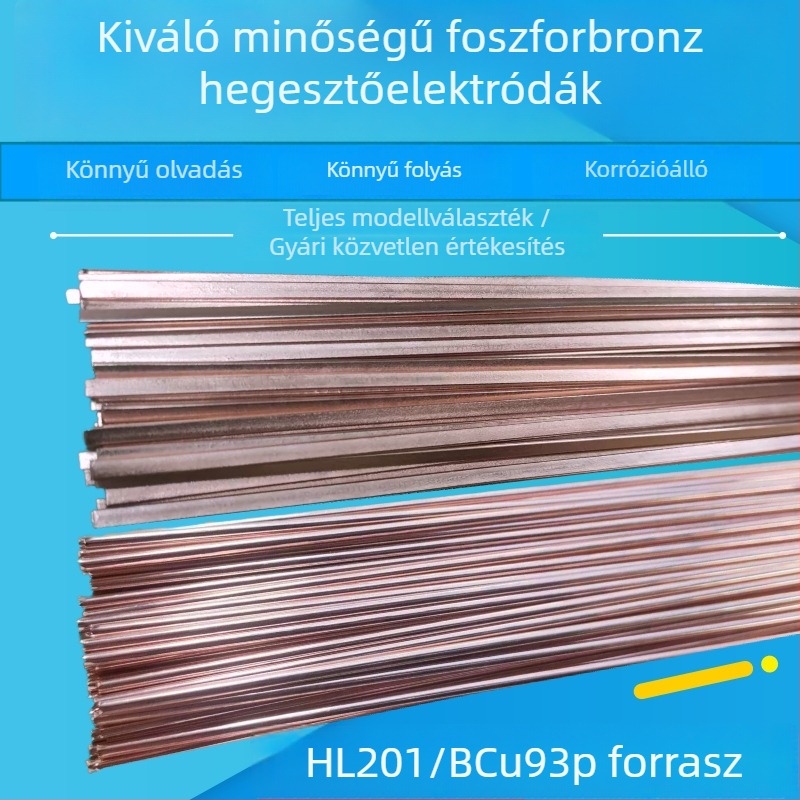 L201 foszfor-bronz hegesztő huzal, kör/négyzetes huzal, szilárd mag, alacsony ezüstmennyiség, hűtő és klímaberendezésekhez használt rézcsövekhez, fényes felület, BCu93P