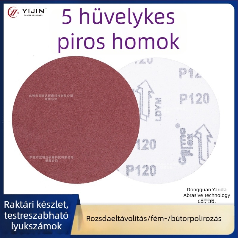 5 hüvelykes vörös csiszolókorong pneumatikus polírozáshoz, öntapadó velúr csiszolópapír alumínium-oxid abrazívval