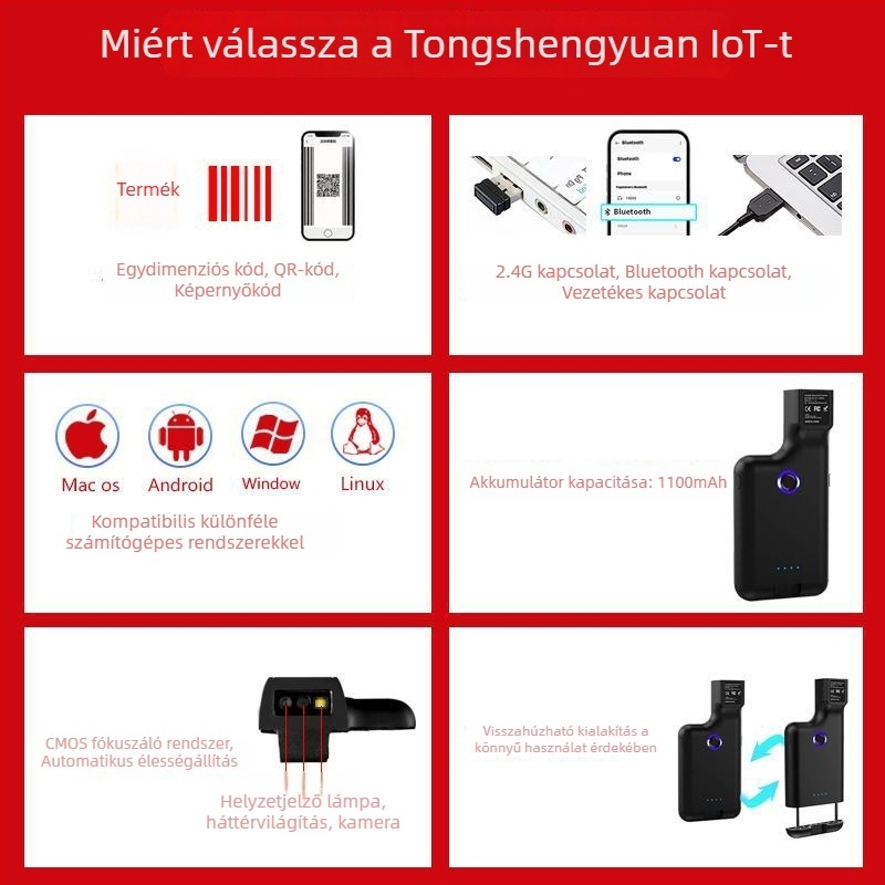 Bluetoothos vezeték nélküli kézi vonalkódolvasó, rögzíthető klippel a telefon hátuljára, logisztika és adatrögzítés