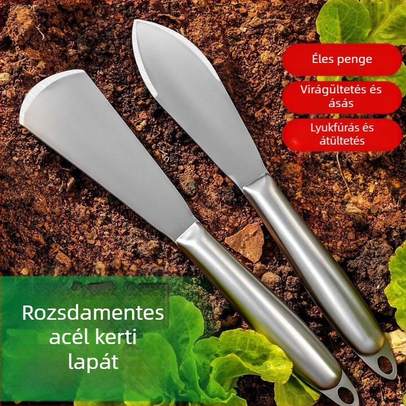 Minden egyben rozsdamentes acél kerti lapát virágültetéshez, talaj fellazításához és zöldségek ásásához